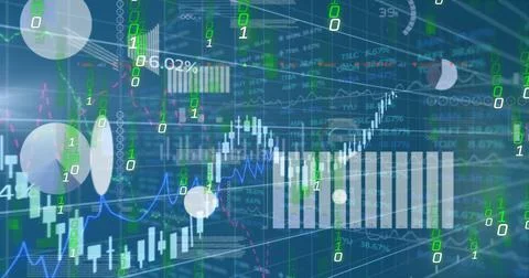 Image of graphs, data and binary code on blue background Illustrazione stock