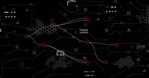 Image of graphs, data and connections on black background 写真素材