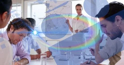 Image of graphs, data and digital interface with prismatic halo moving over Stock Photos