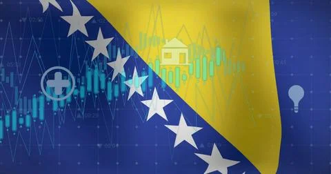 Image of graphs, data and energy icons over flag of bosnia and herzegovina 스톡 사진