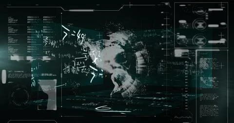 Image of graphs, data and globe on black digital screen 스톡 일러스트