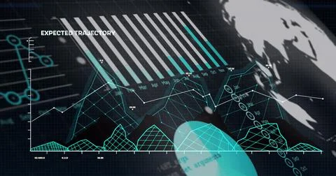 Image of graphs, data and globe on black background Illustrazione stock