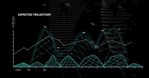 Image of graphs, data and globe on black background Illustrazione stock