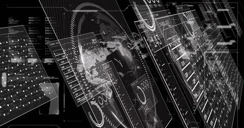 Image of graphs, data and globe on black digital screen Illustrazione stock