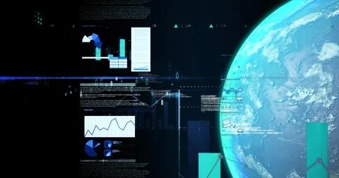 Image of graphs, data and globe on black background Stock Photos