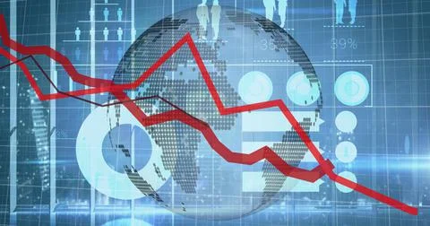 Image of graphs with data and information moving over a globe spinning Stock Illustration