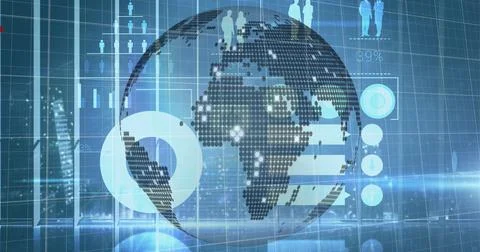 Image of graphs with data and information moving over a globe spinning Stock Illustration