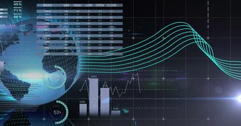 Image of graphs data and information moving on screen over grid and globe Stockillustratie