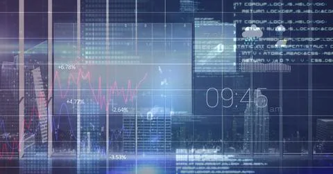 Image of graphs data and information moving on screen over 3d model of city Stock Illustration