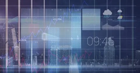 Image of graphs data and information moving on screen over 3d model of city 库存插图