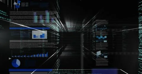 Image of graphs, data and lights on black digital screen Illustrazione stock