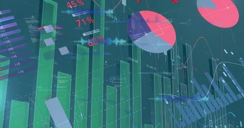 Image of graphs, data and lights on blue background 写真素材