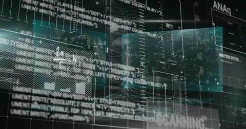 Image of graphs, data and math formulas on black digital screen 스톡 일러스트