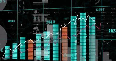 Image of graphs, data and numbers on black digital screen イラスト素材