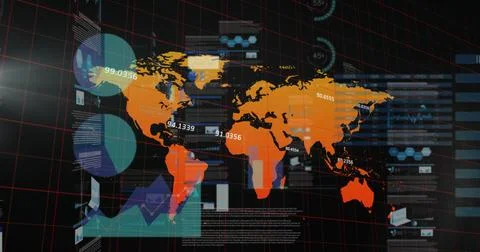 Image of graphs, data and world map on black digital screen 스톡 일러스트