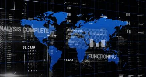 Image of graphs, data and world map on black digital screen Illustrazione stock