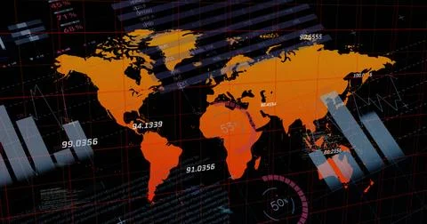 Image of graphs, data and world map on black digital screen Stock Illustration