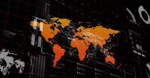 Image of graphs, data and world map on black digital screen 스톡 사진