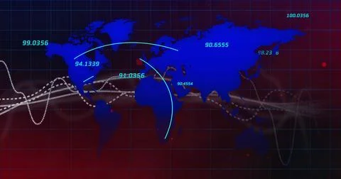 Image of graphs, data and world map on dark red background 스톡 사진
