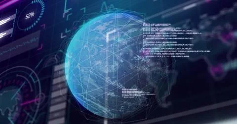 Image of graphs, data, connections and globe on navy background 스톡 사진