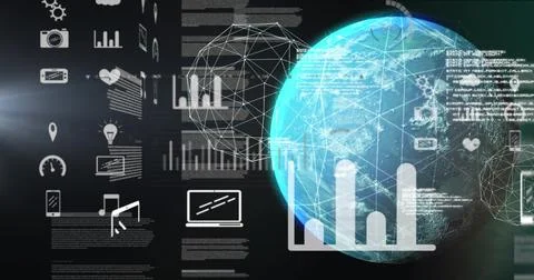 Image of graphs, data, connections and globe on black background Foto stock
