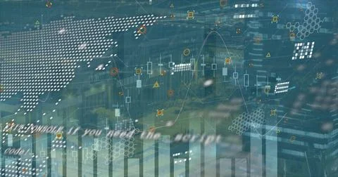 Image of graphs, data processing, icons and globe on blue background Stock Illustration