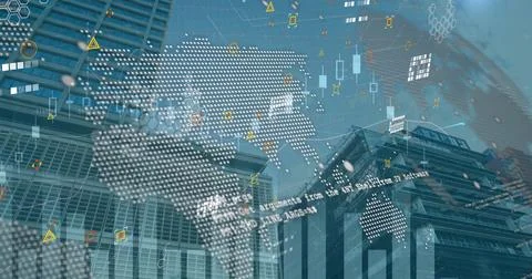Image of graphs, data processing, icons over office buildings Stock Photos