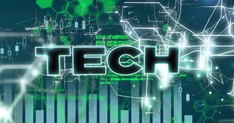 Image of graphs, data, tech and hexagons on blue background Stock Illustration