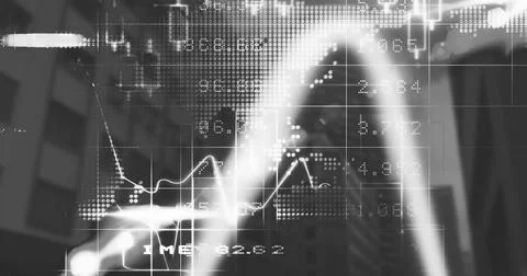 Image of graphs, dots forming maps and trading board over low angle view of Ilustração Stock