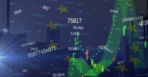 Image of graphs, eu flag and numbers over cityscape 스톡 사진