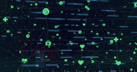 Image of graphs, financial data and icons on black background Stock Illustration