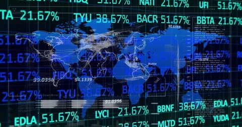 Image of graphs, financial data and world map on black digital screen イラスト素材