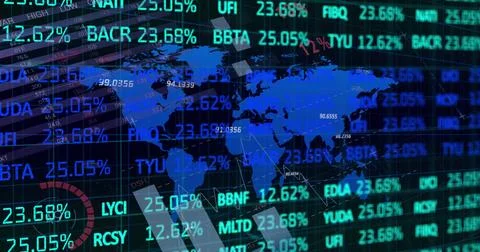 Image of graphs, financial data and world map on black digital screen Stockfoto's