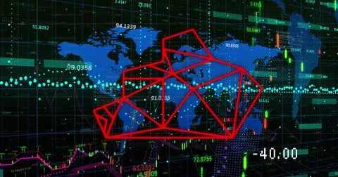 Image of graphs, financial data, world map and bear head on black background 스톡 일러스트