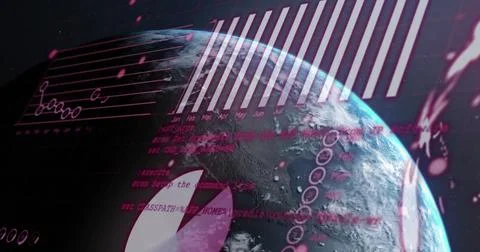 Image of graphs, globe and computer language over globe against abstract Illustrazione stock