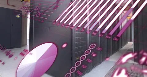 Image of graphs, globe and computer language over data server room Stock Photos