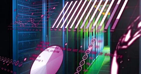 Image of graphs, globe and computer language over data server room Foto stock