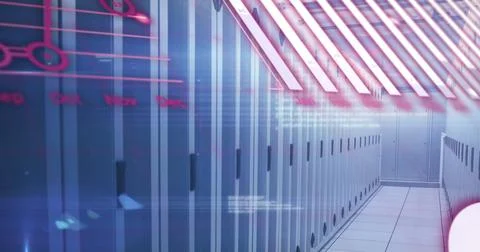 Image of graphs, globe and computer language over multicolored bars on serv.. 写真素材