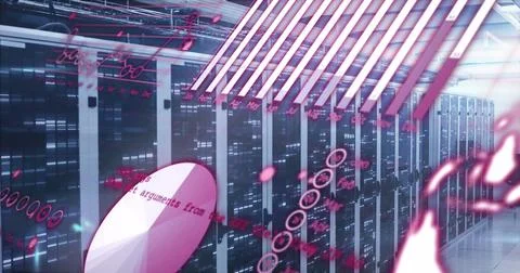 Image of graphs, globe and computer language over bars on data server racks Foto stock