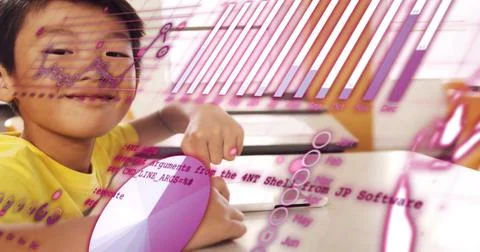 Image of graphs, globe and computer language over asian boy using digital tablet 库存照片