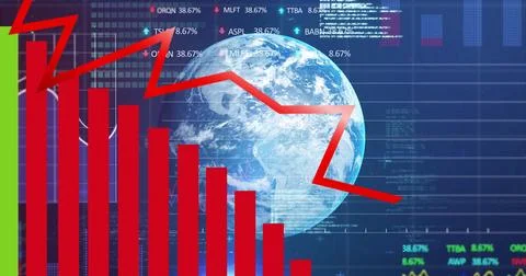 Image of graphs, globe and financial data over navy digital space 스톡 일러스트