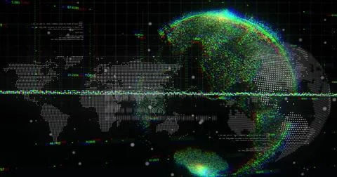 Image of graphs, globe and world map on black background 스톡 일러스트