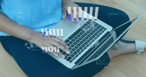 Image of graphs, globe, computer language over biracial woman working over Stock-Illustration