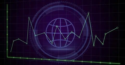 Image of graphs, globe, cyber security text and shield in loading circles over Stock Illustration