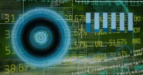 Image of graphs, globe, processing circle and financial data on digital screen Stock Illustration