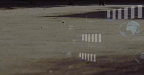 Image of graphs, globes and computer language over low section of people walking Foto stock