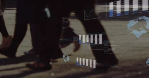 Image of graphs, globes and computer language over low section of people walking Fotos de archivo