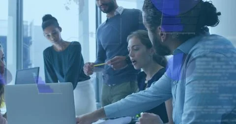 Image of graphs, globes and computer language over diverse coworkers sharing Foto stock