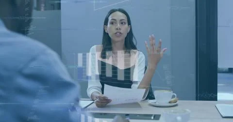 Image of graphs, globes and computer language, diverse coworkers discussing Stock Photos