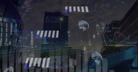 Image of graphs, globes, computer language over time-lapse of vehicles against Foto stock